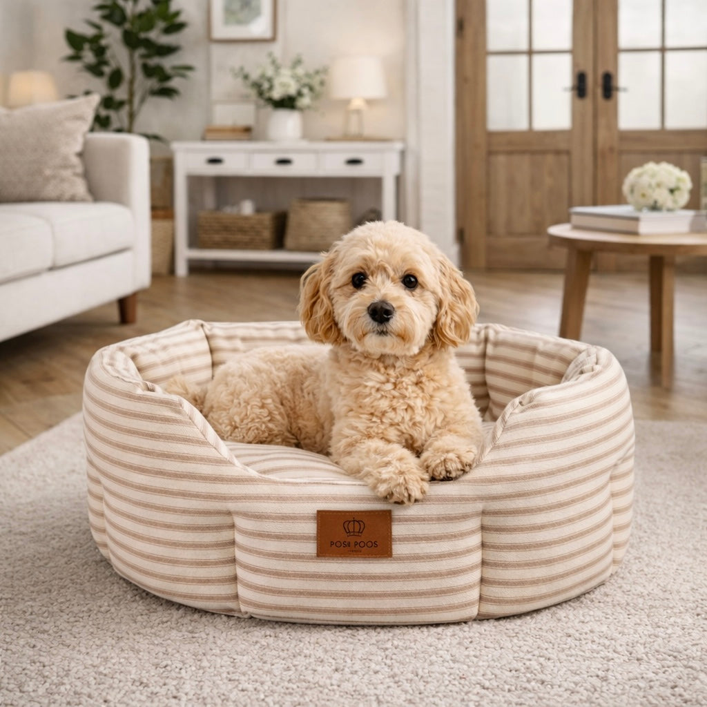 Posh Poos Dog Bed - Taupe Heritage Stripe
