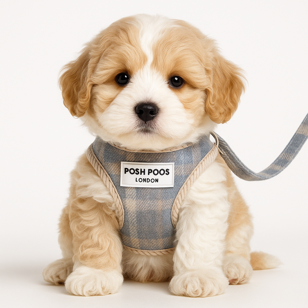 Cream and Apricot Maltipoo puppy wearing a plaid harness with 'POSH POOS LONDON' label on a white background