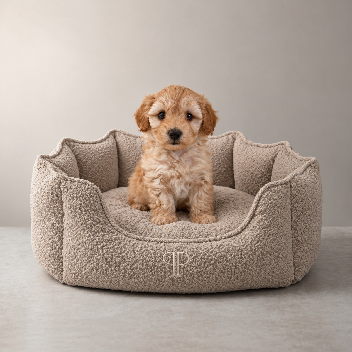 Luxury Bouclé Scalloped Dog Bed – Stone