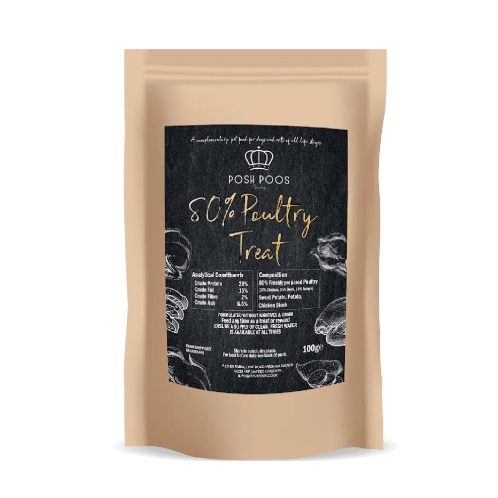Pouch of Posh Poos 80% Poultry Treat with black label on beige background