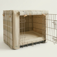Load image into Gallery viewer, a posh poos herringbone tweed dog crate set with tartan accents, the crate door is open, white background 
