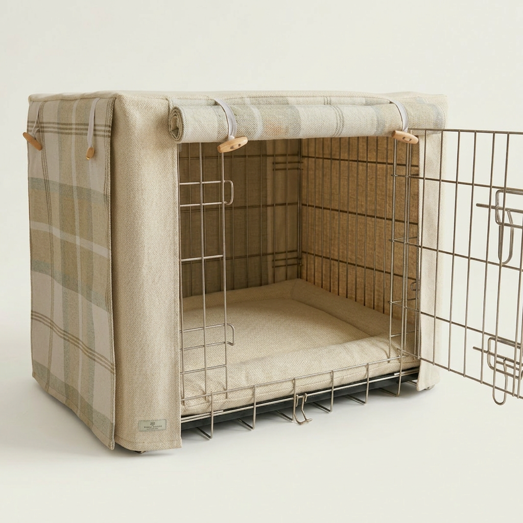 a posh poos herringbone tweed dog crate set with tartan accents, the crate door is open, white background 