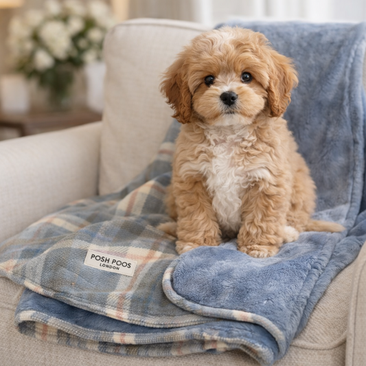 cavapoo puppy sitting on posh poos plaid blanket