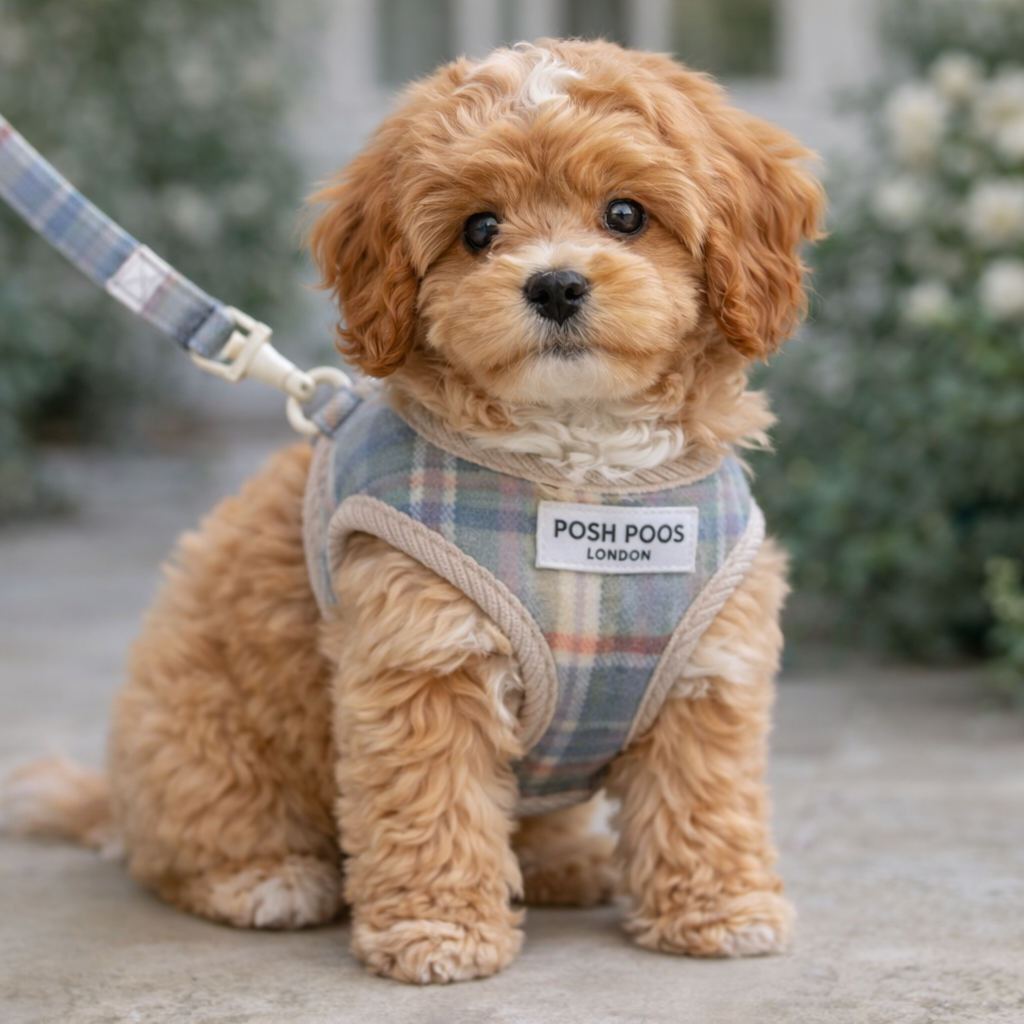 Small cavapoo puppy dog wearing a plaid harness with 'Posh Pooch' label, standing in a garden