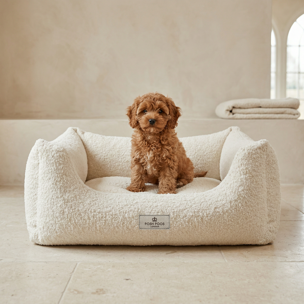 red maltipoo puppy sitting on a boucle dog bed 
