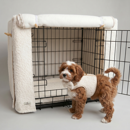 posh poos boucle dog crate set with a beautiful red cavapoo puppy wearing the matching boucle harness