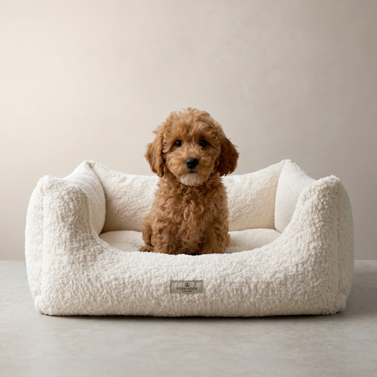cavapoo puppy sitting in a posh poos  cream boucle dog bed with a studio background 