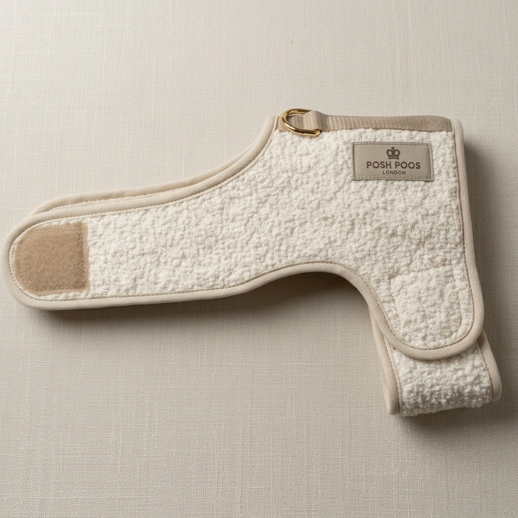 cream boucle fabric dog coat harness with posh poos woven label on a natural fabric background 