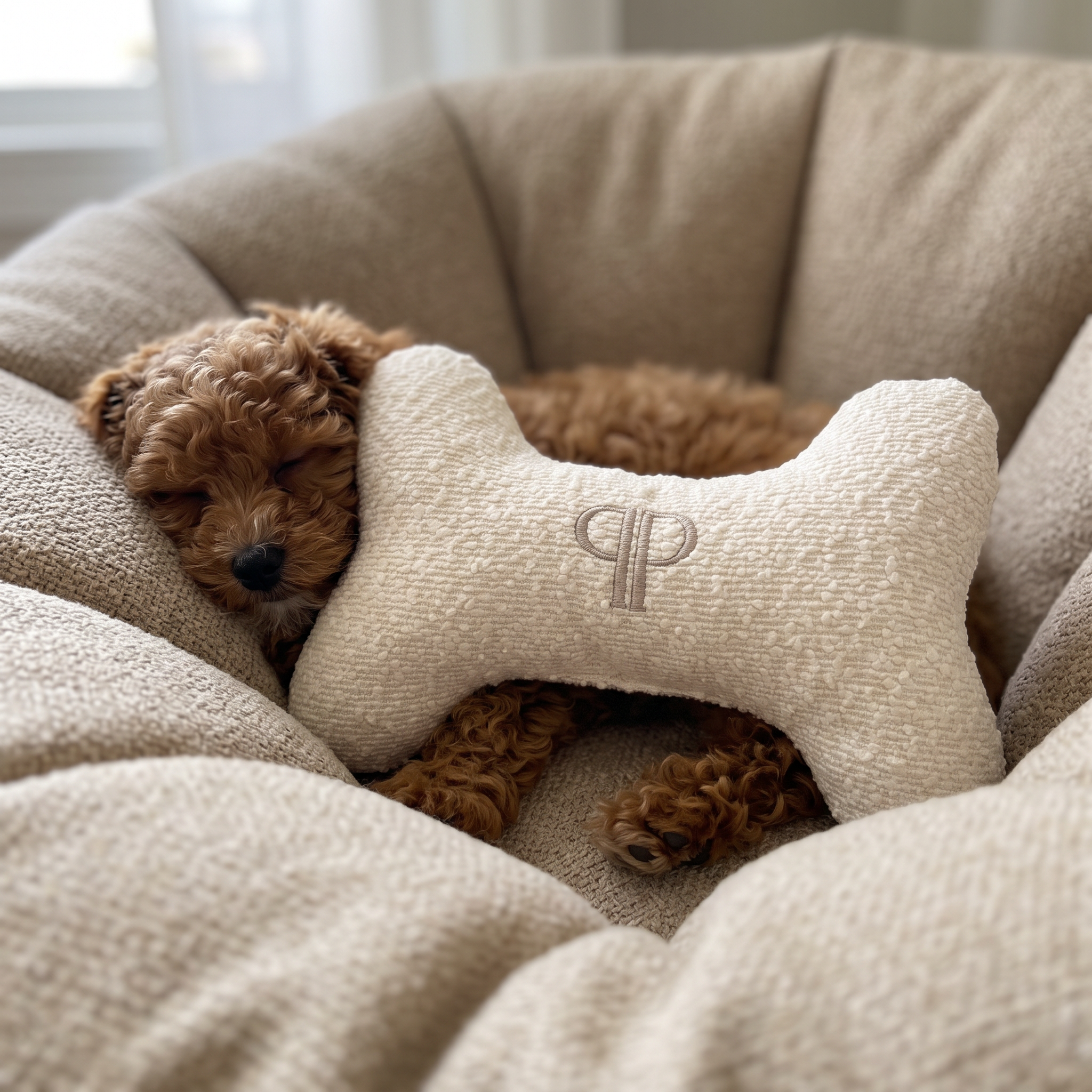 A small brown curly-haired dog rests inside a beige textured pet bed, nestled under a plush bone-shaped cushion embroidered with a monogram logo.