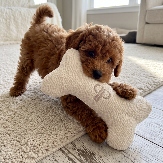 red cavapoo puppy playing with a posh poos boucle bone toy 