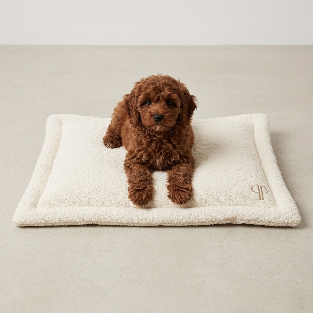 A small brown curly-haired puppy lies on a cream-colored rectangular dog bed with a stitched monogram, set against a neutral beige background.
