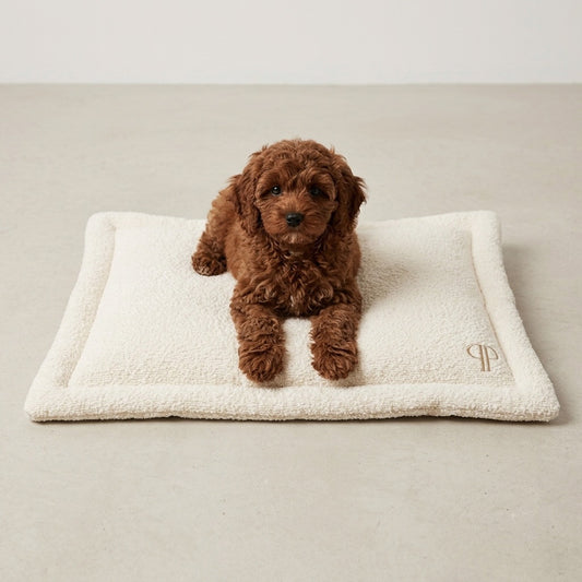 A small brown curly-haired puppy lies on a cream-colored rectangular dog bed with a stitched monogram, set against a neutral beige background.