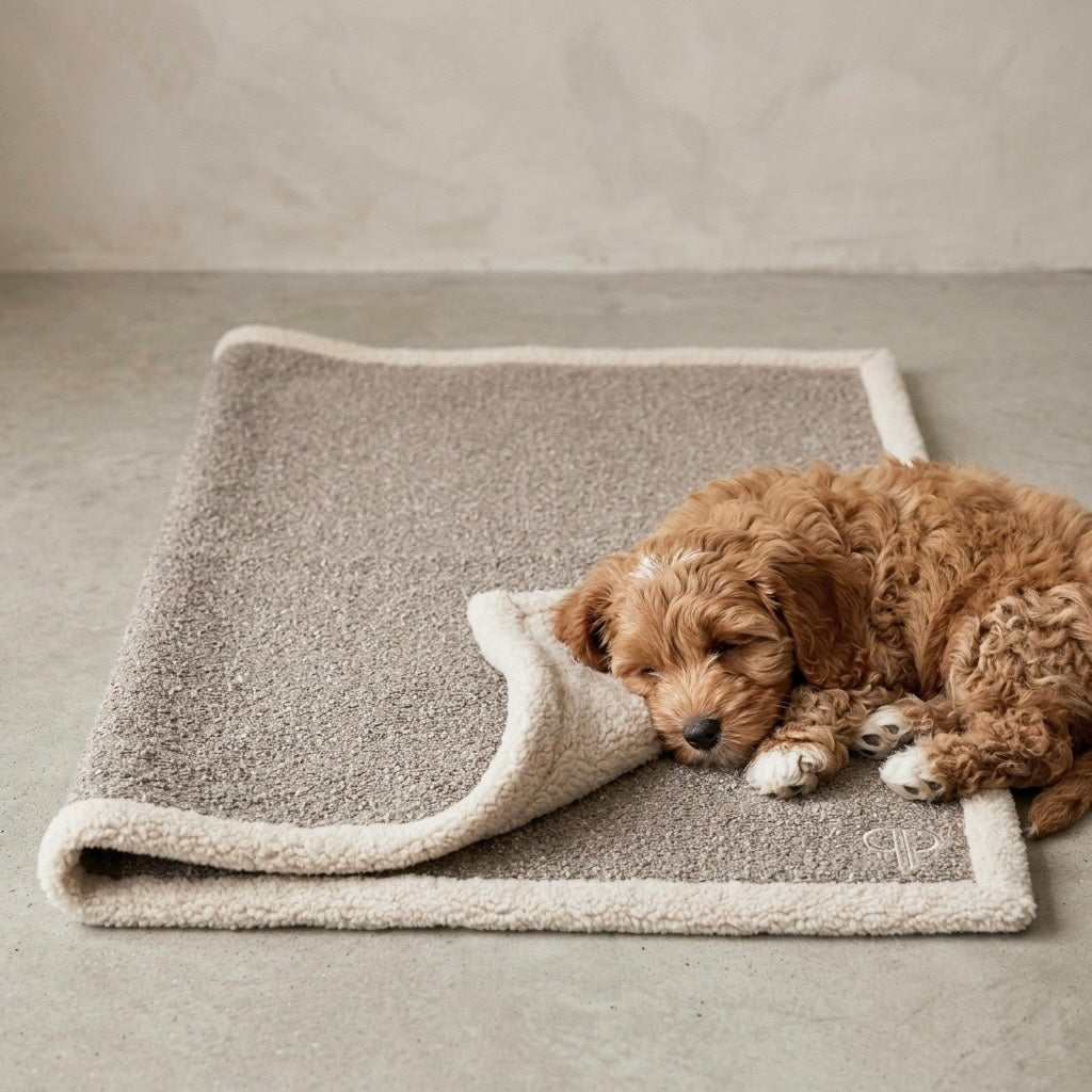 red cavapoo puppy sleeping on a boucle posh poos blanket 