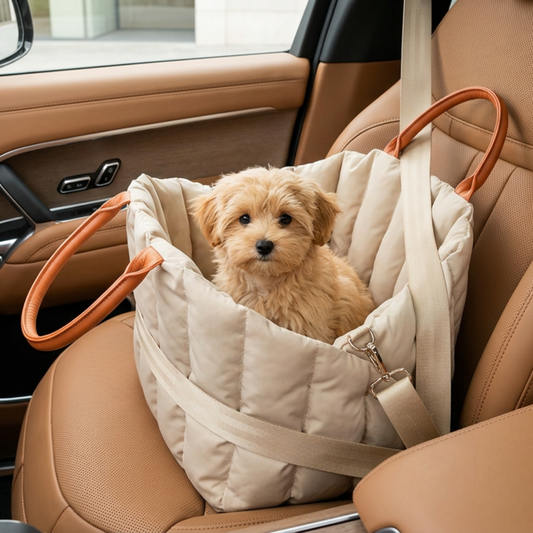 puppy dog in a posh poos dog carseat inside a car with beige interior