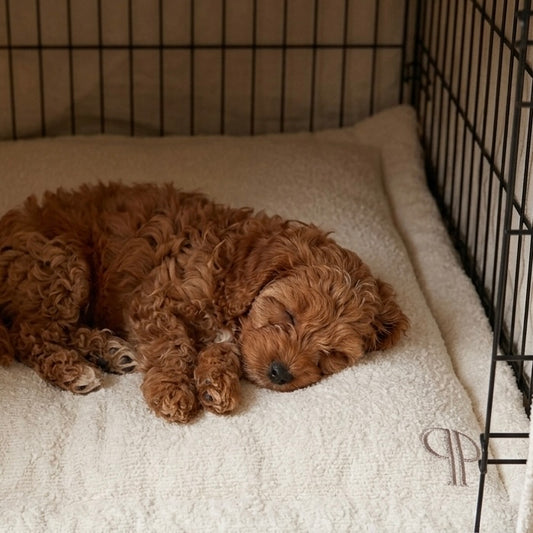 A red cavapoo  puppy sleeping soundly on a boucle  cream-colored dog crate mattress  inside a black wire crate. A monogrammed 'PP' is embroidered on the corner of the bed.