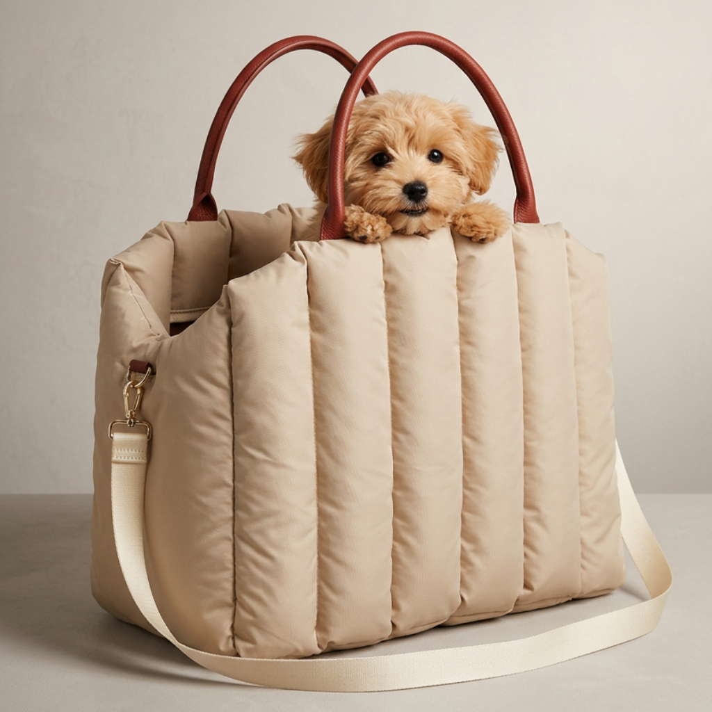 puppy Dog inside a beige quilted bag with brown handles on a neutral background