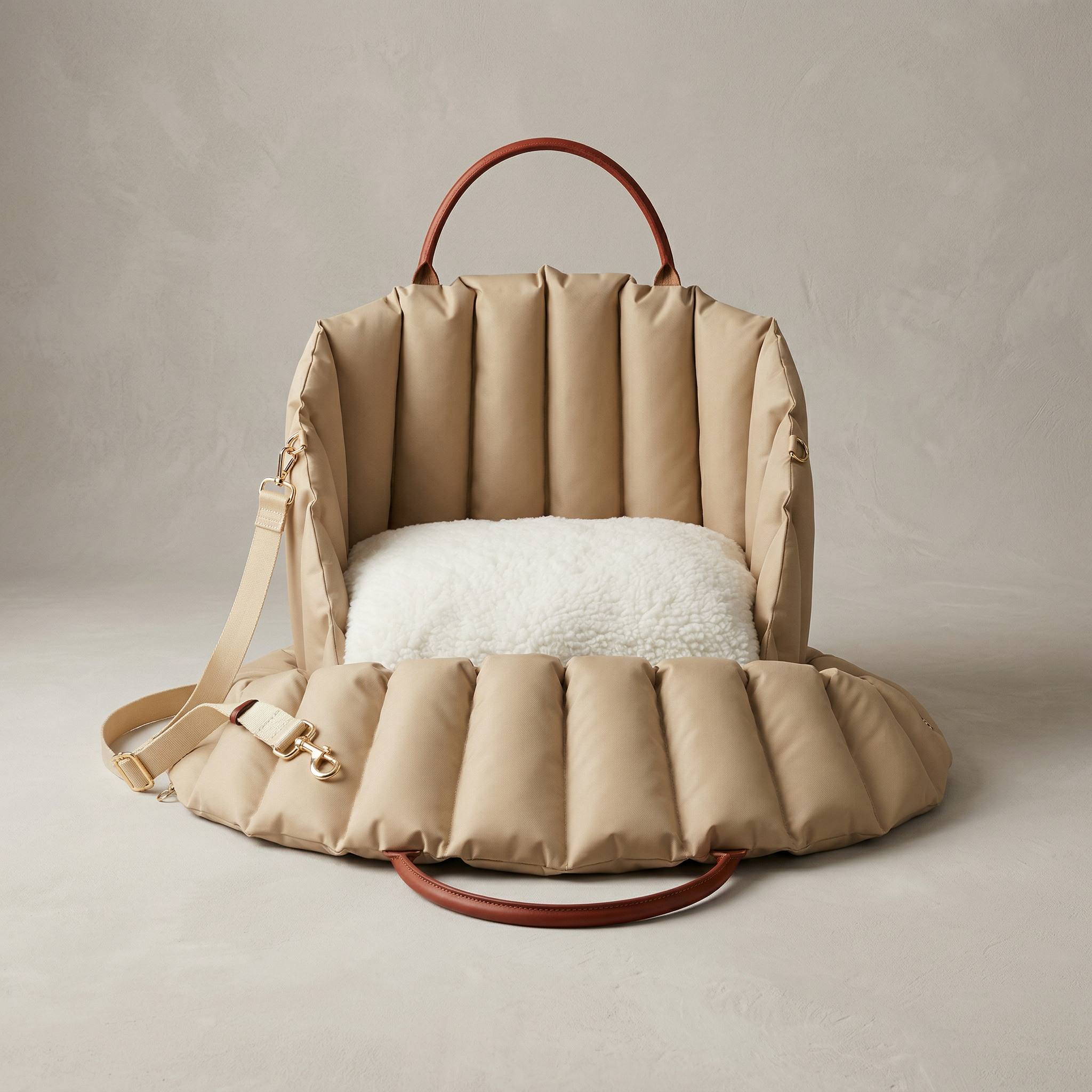 Beige  dog carrier bag  with a white cushion on a neutral background