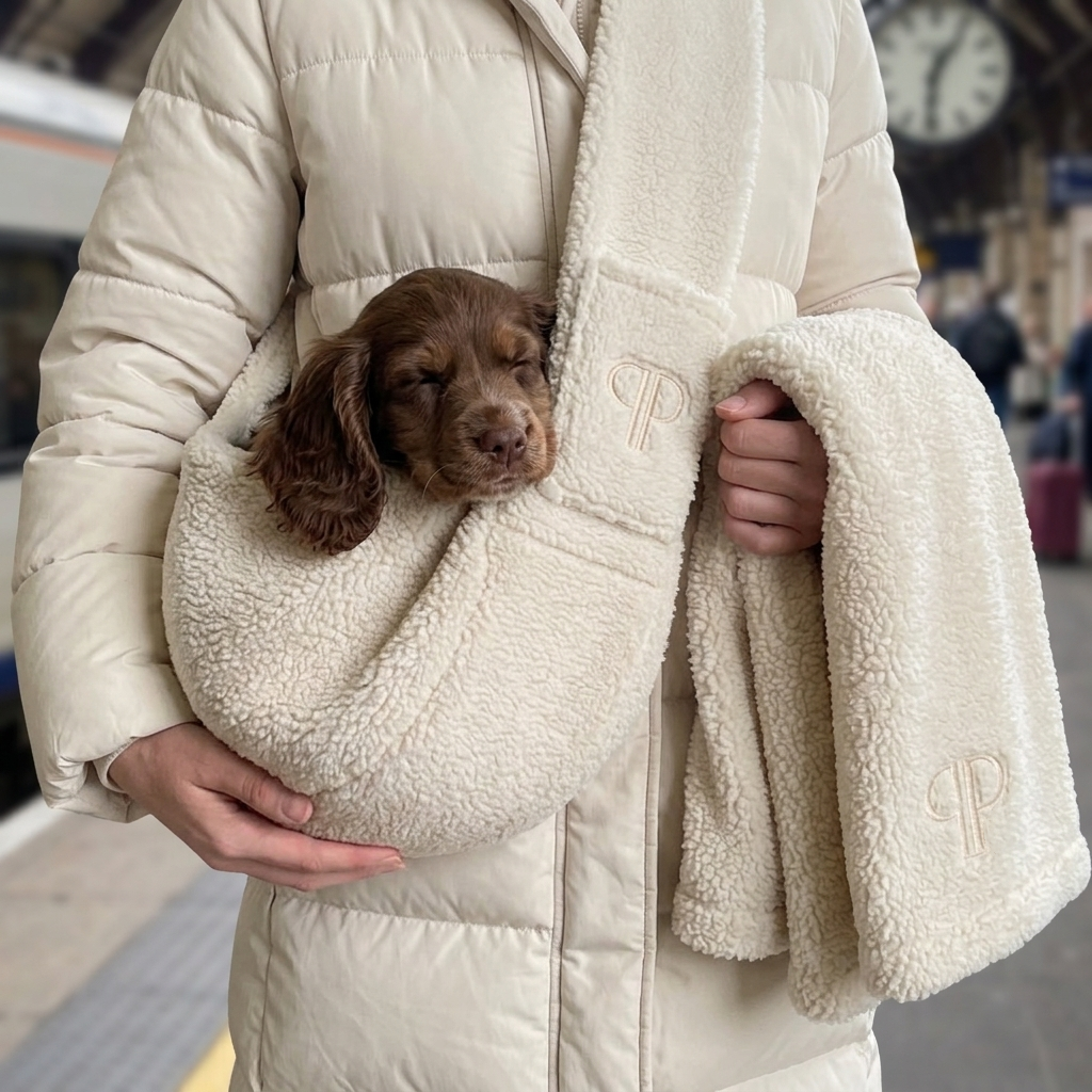 New Puppy Starter Set –  Ivory Teddy Sling Carrier & Blanket | Posh Poos London