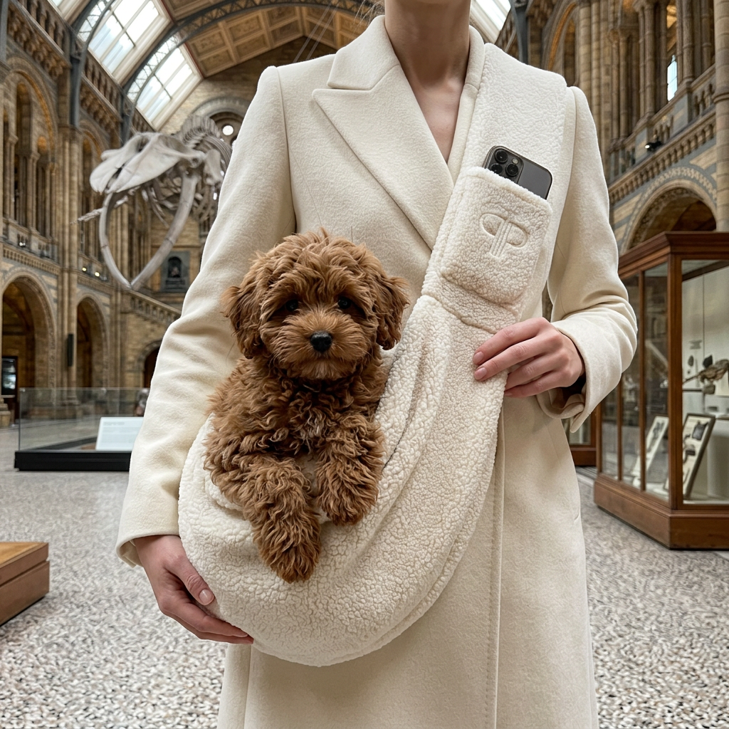 A person in a cream coat carries a small brown curly-haired dog in a cream sherpa puppy sling carrier  bag, set inside a grand museum hall with stone arches and exhibits.