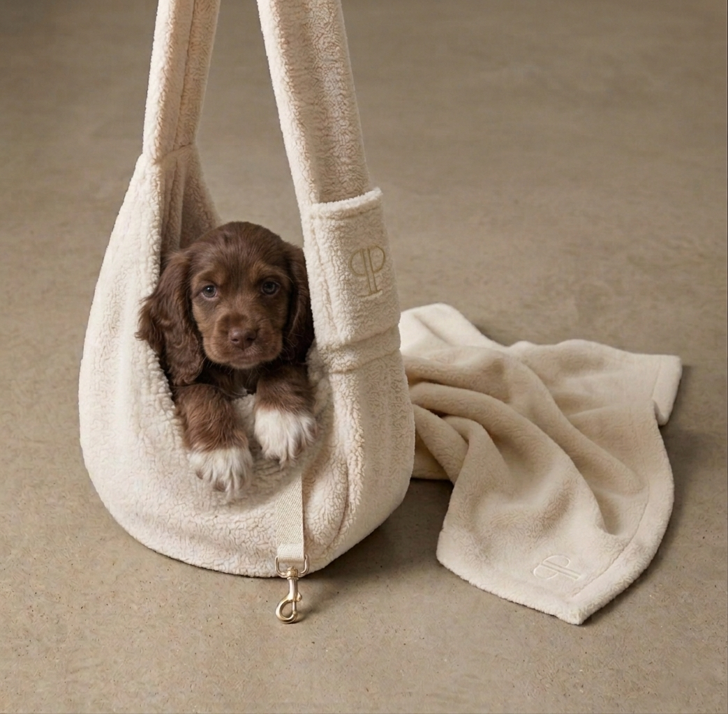 New Puppy Starter Set –  Ivory Teddy Sling Carrier & Blanket | Posh Poos London