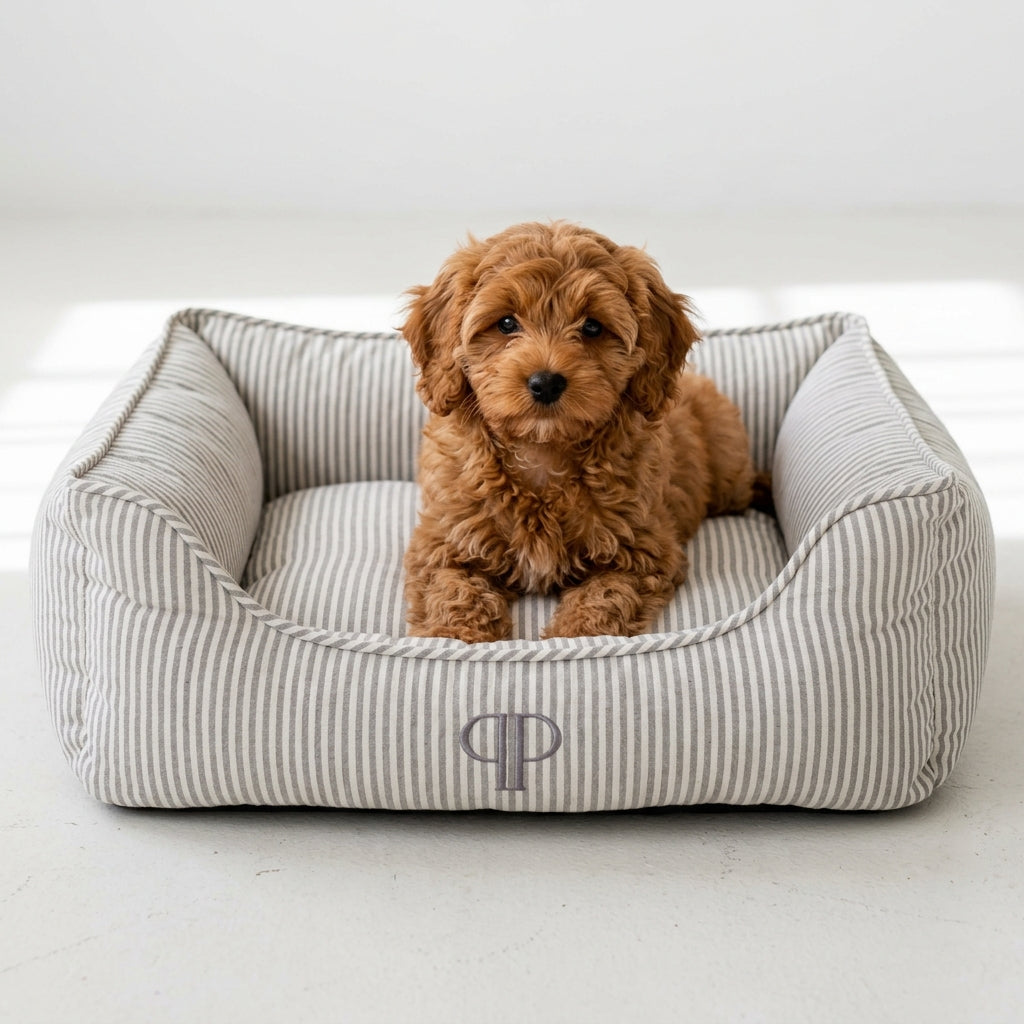 Grey Heritage Stripe box dog bed with embroidered PP monogram and puppy
