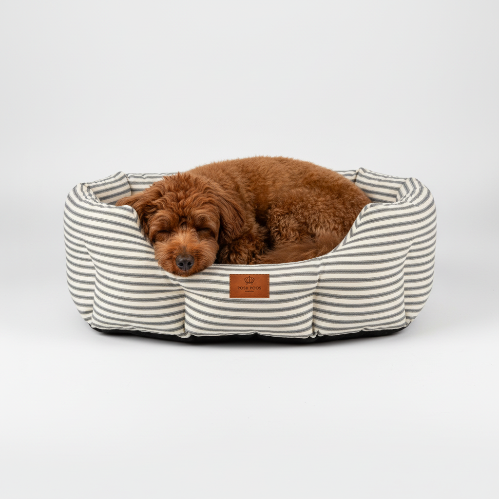red cavapoo lying in a striped grey dog  bed on a white background, posh poos label