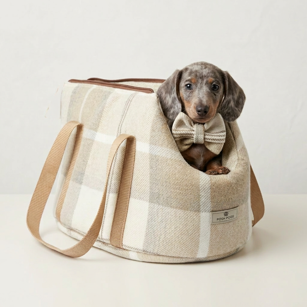 Dog in a plaid pet carrier with a bow tie on a white background