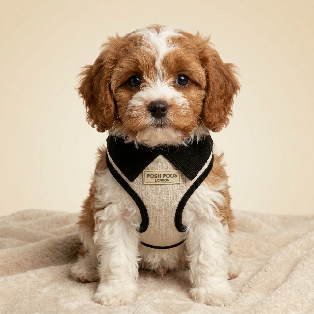 Small dog wearing a harness with 'Posh Poos London' branding on a beige background