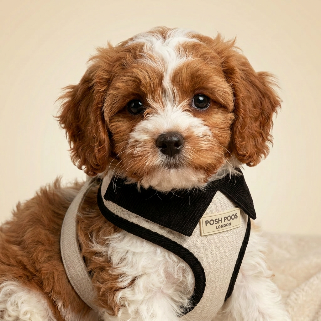 cavapoo Puppy wearing a 'Posh Poos London' harness on a beige background