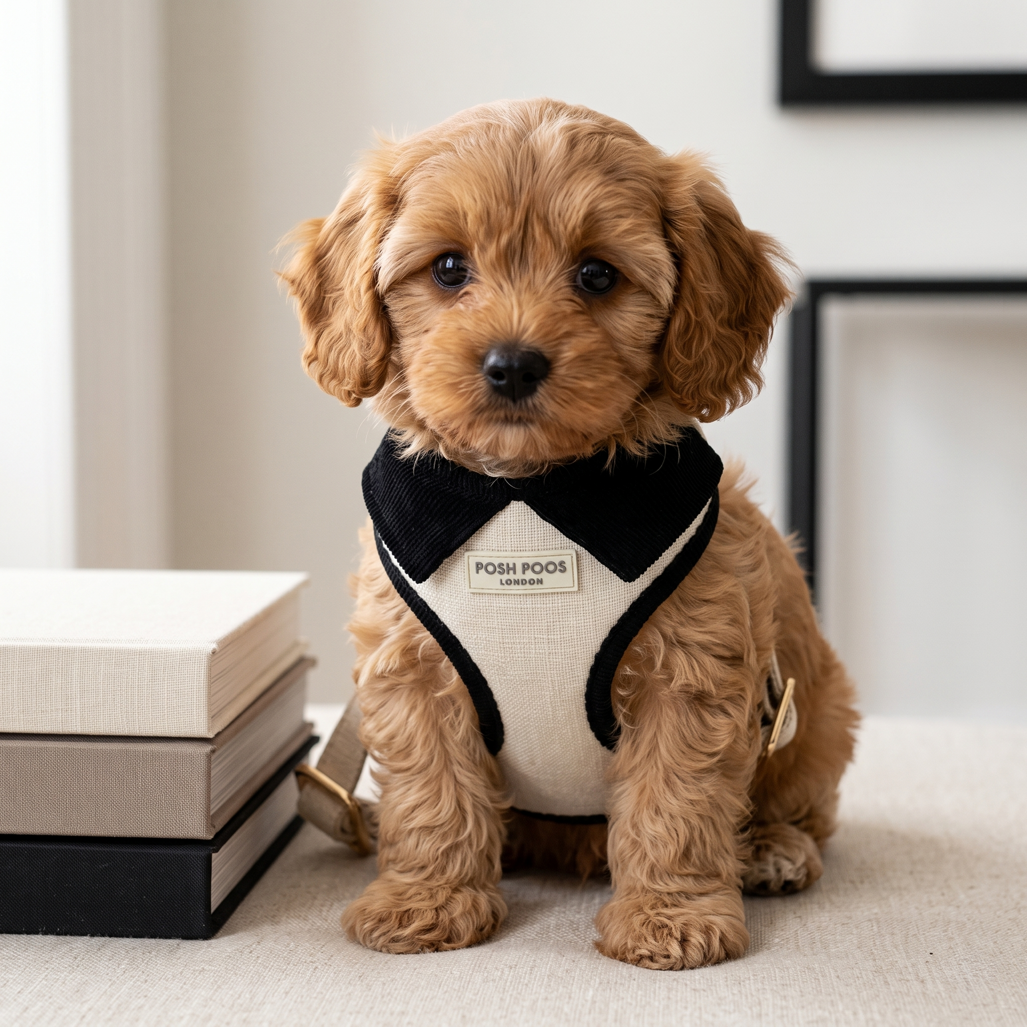 cavapoochon puppy wearing a tiny posh poos harness with black trim on a neutral interiors background 
