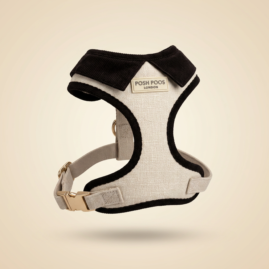 studio image of a posh poos London ivory linen dog harness with a black corduroy collar. on a cream background 