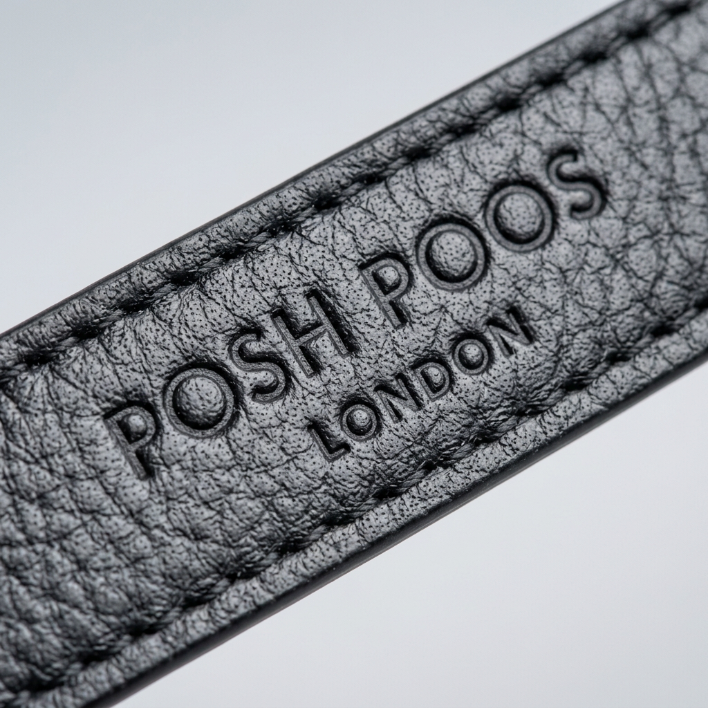 Close-up of a textured black leather dog lead with 'POSH POOS LONDON' branding.
