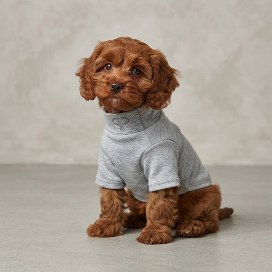Puppy wearing the grey Posh Poos Monogram Puppy T-Shirt
