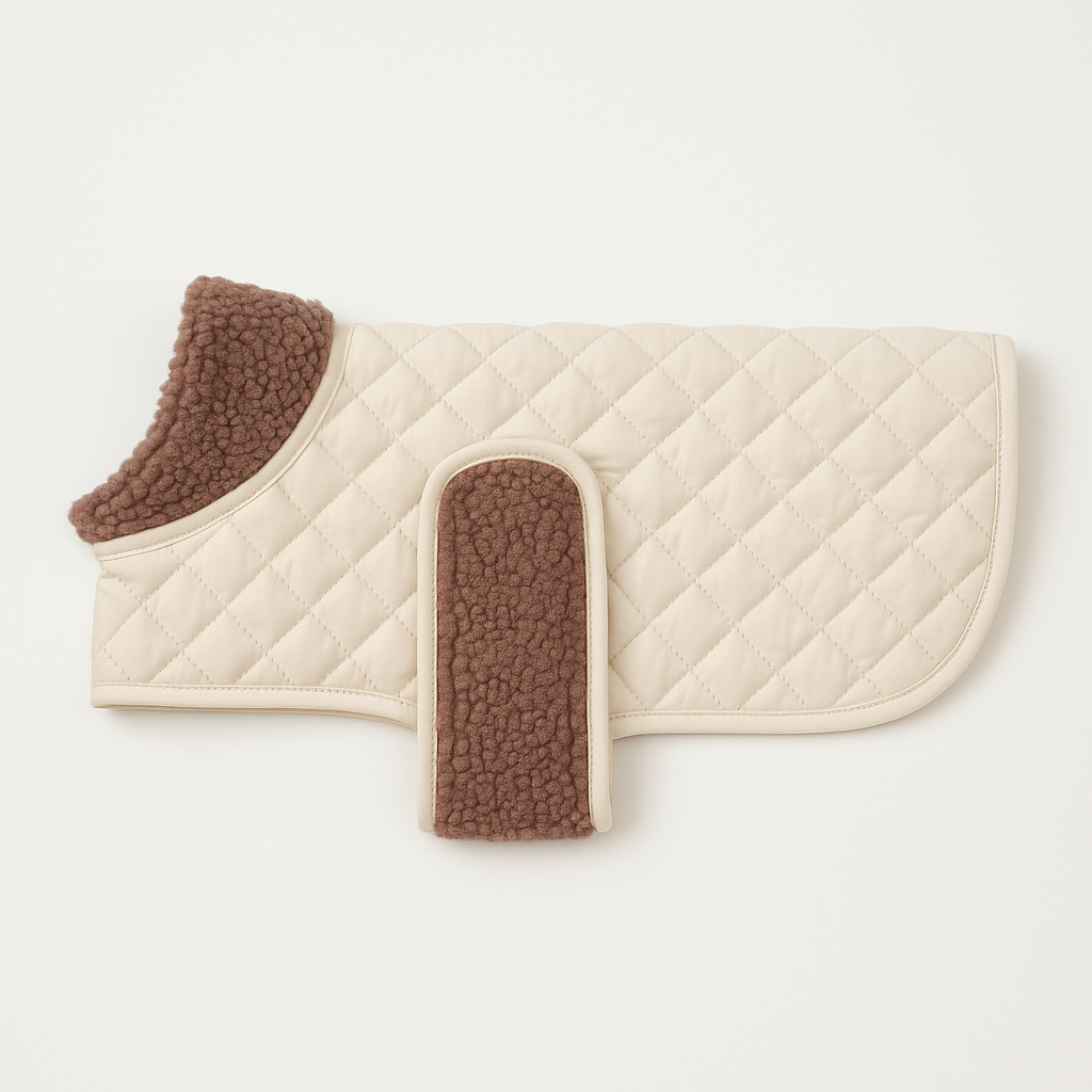 Cream quilted dog coat with brown sherpa  trim, made by posh poos