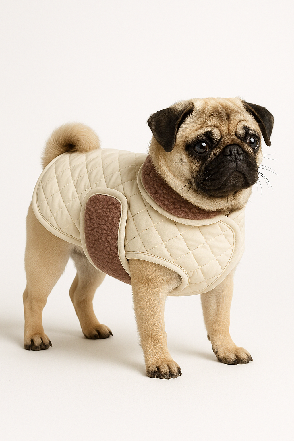 Pug puppy wearing Posh Poos cream quilted dog coat with brown sherpa trim