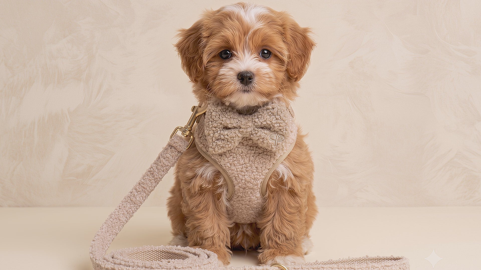 a small red and white cavapoo puppy wearing a teddy fabric harness, lead and bowtie on a cream colour background. puppy is in sitting position looking at the camera