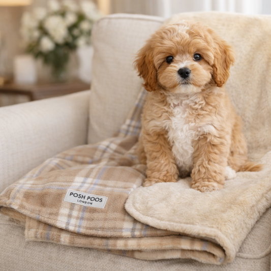 cavapoo puppyl dog sitting on a plaid blanket with 'POSH POOS' label on a beige armchair.
