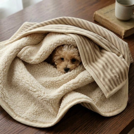 Small dog peeking out from under a beige blanket on a wooden surface.