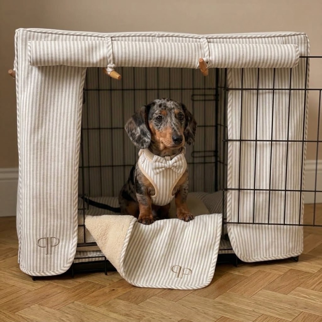 A dachshund wearing a matching cream and beige striped puppy harness sits inside a black metal crate with a matching fabric cover. The cover has vertical stripes, a top flap with small wooden toggles, and a front door panel with an embroidered monogram logo.
