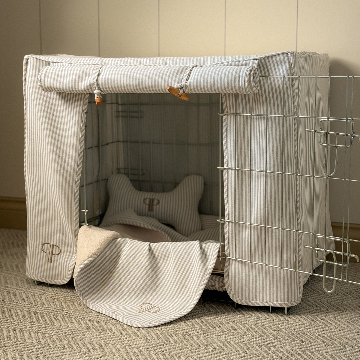 Classic Heritage Stripe Dog Crate Cover - Taupe