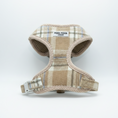 Load image into Gallery viewer, Plaid patterned puppy harness with visible  posh poos brand label on a white background
