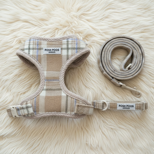 posh poos Plaid dog harness and leash set on a fluffy white surface