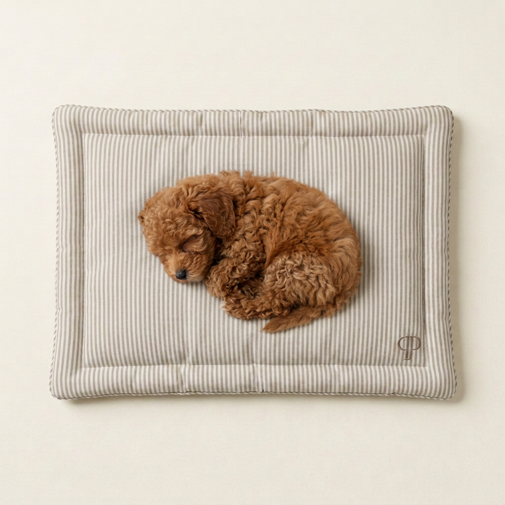 A red curly-haired cavapoo puppy is sleeping curled up on a rectangular striped dog cage mattress bed with a padded border, set against a plain off-white background.