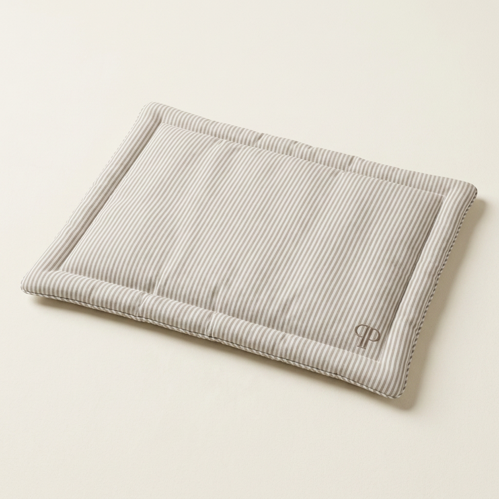 A rectangular dog crate cushion with a light Taupe and white stripe pattern, featuring a small embroidered PP monogram logo in the bottom right corner, set against a warm off-white background.
