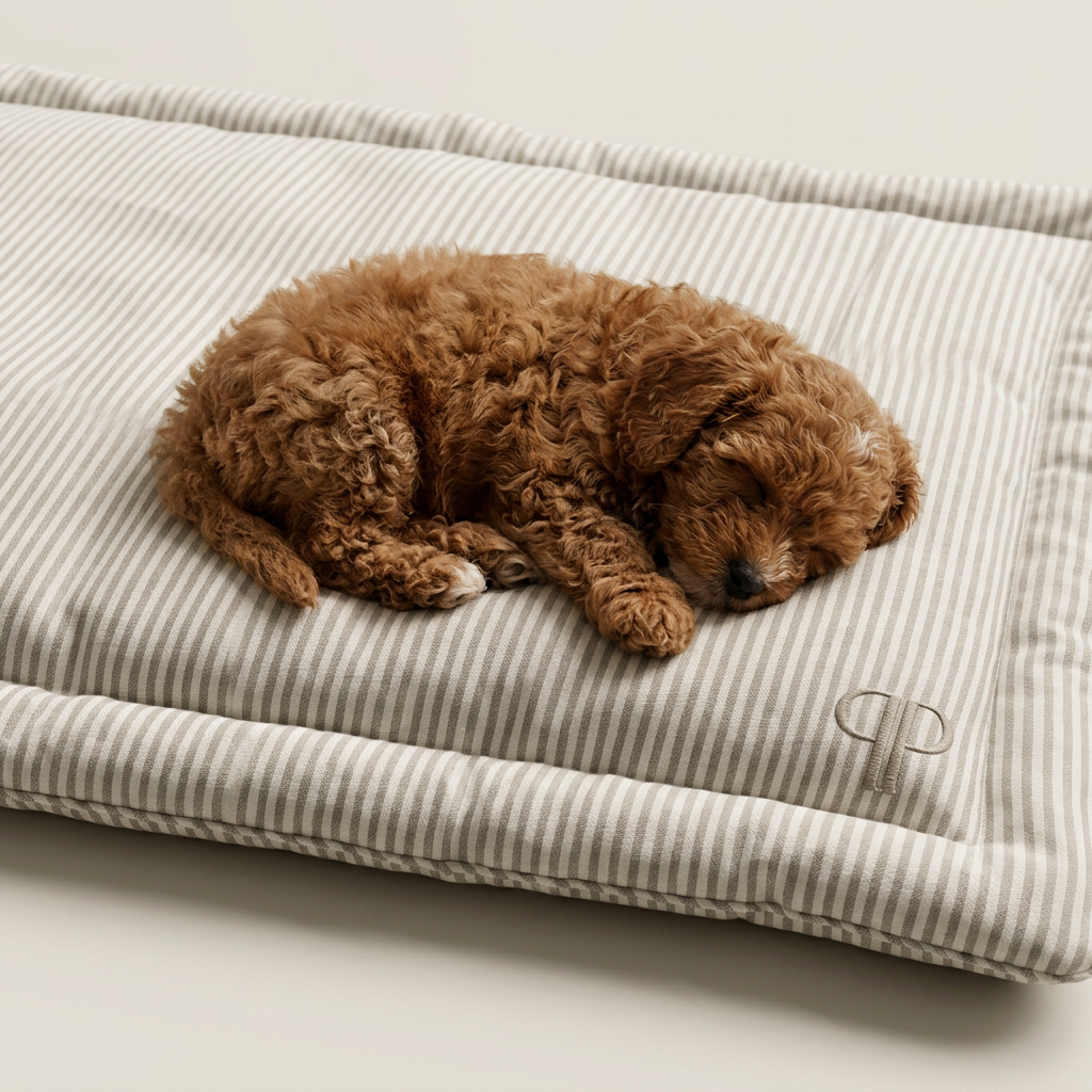 A small red cavapoo  curly-haired puppy sleeping soundly on a beige and white striped padded dog crate bed with a stitched posh poos monogram logo