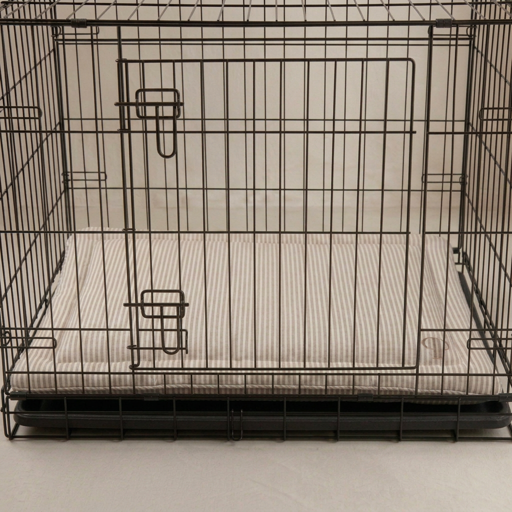 A black metal wire dog crate with a striped taupe and white dog crate mattress bed shown against a neutral light background.